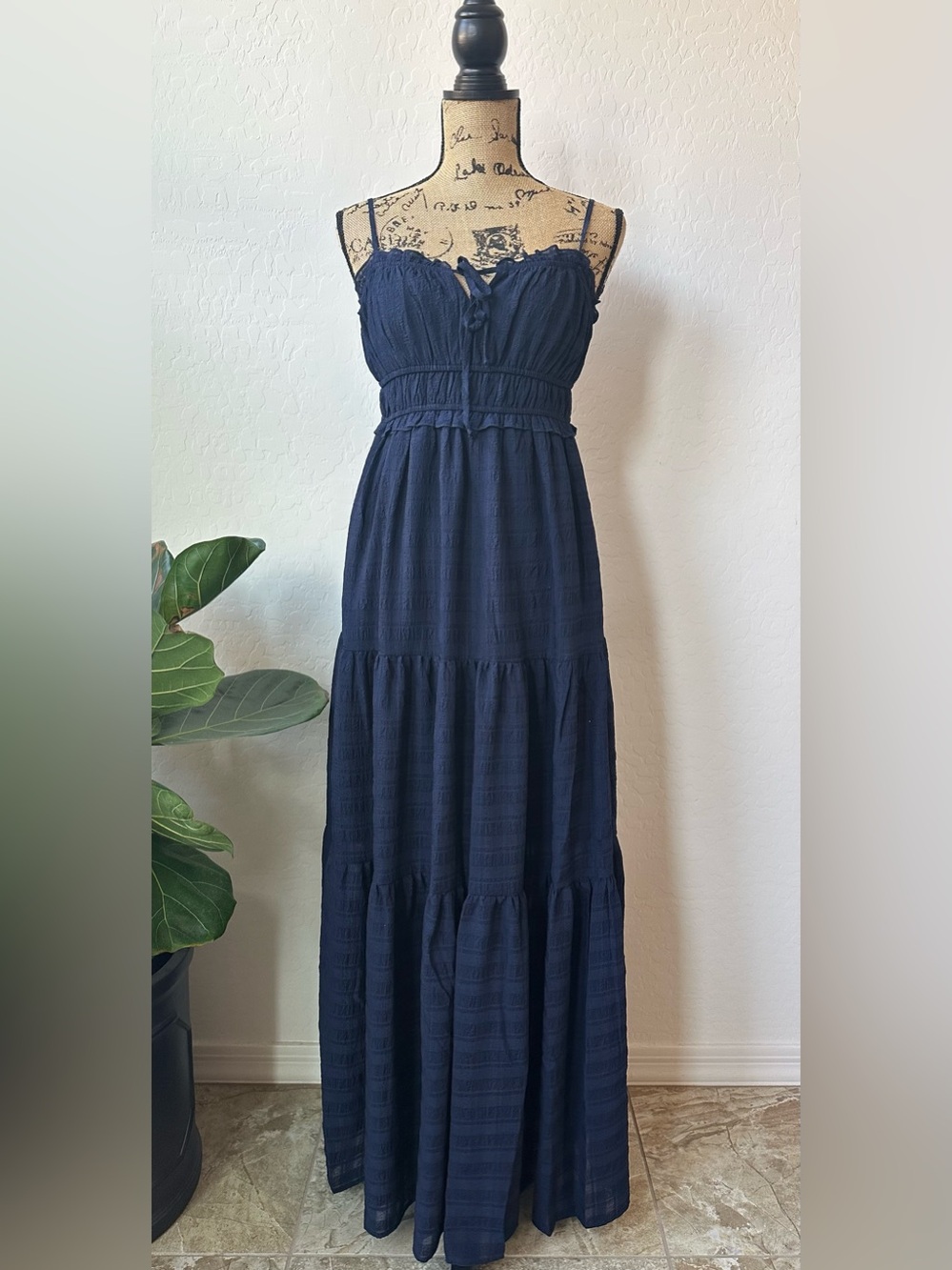 NWT Evolutionary Navy Sleeveless Spaghetti Strap Emma Tier Maxi Dress Size L